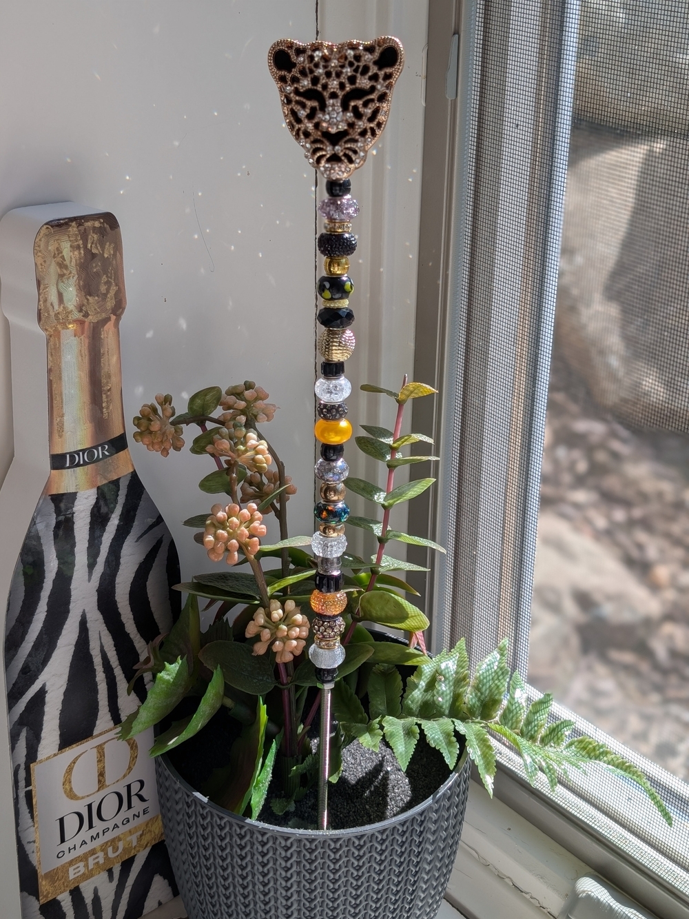 Hand Made Fairy Wand/Plant/Garden Stake W/Sparkly Leopard Topper